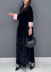 Women Black Lace Up Side Open Patchwork Velour Long Dress Fall