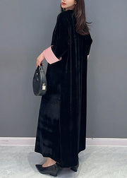 Women Black Lace Up Side Open Patchwork Velour Long Dress Fall