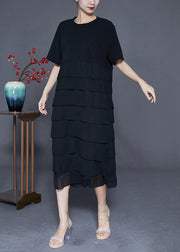 Women Black Layered Ruffles Wrinkled Chiffon Long Dress Summer