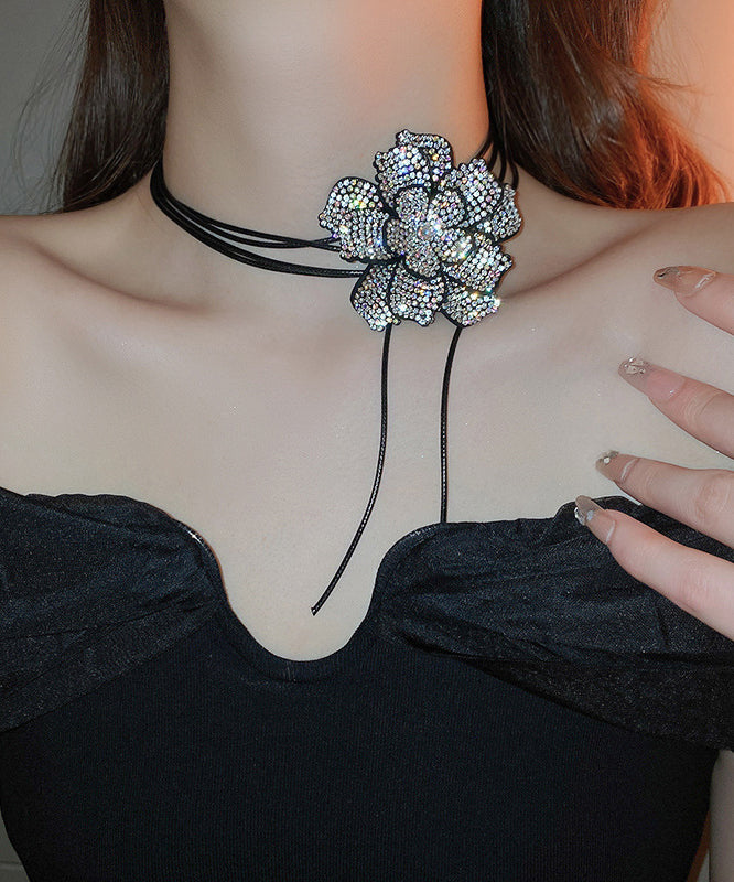 Women Black Leather Cords Zircon Floral Pendant Necklace