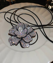 Women Black Leather Cords Zircon Floral Pendant Necklace
