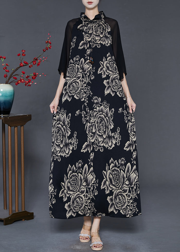 Women Black Mandarin Collar Patchwork Print Chiffon Long Dresses Summer