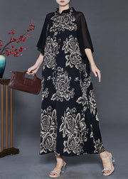 Women Black Mandarin Collar Patchwork Print Chiffon Long Dresses Summer