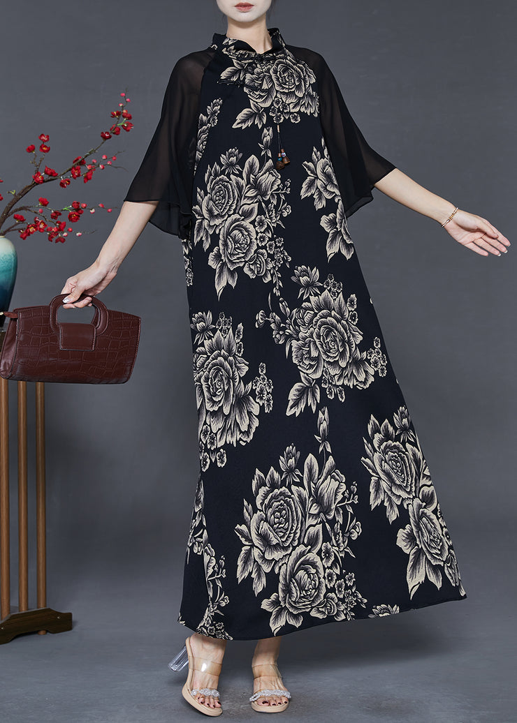 Women Black Mandarin Collar Patchwork Print Chiffon Long Dresses Summer