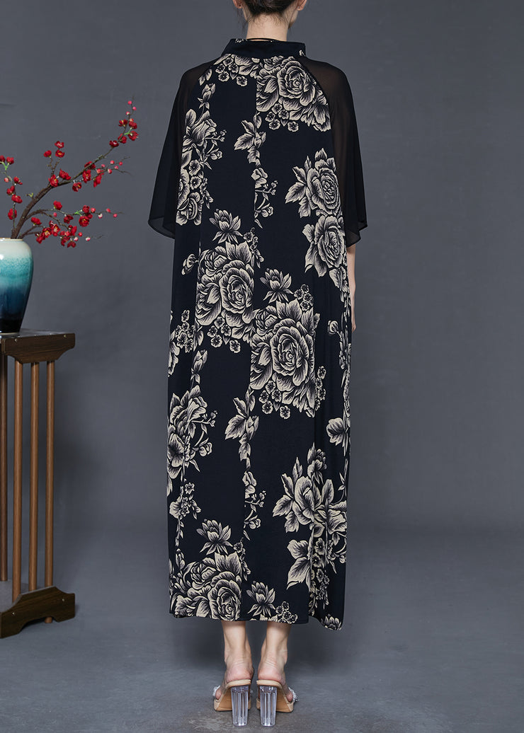 Women Black Mandarin Collar Patchwork Print Chiffon Long Dresses Summer