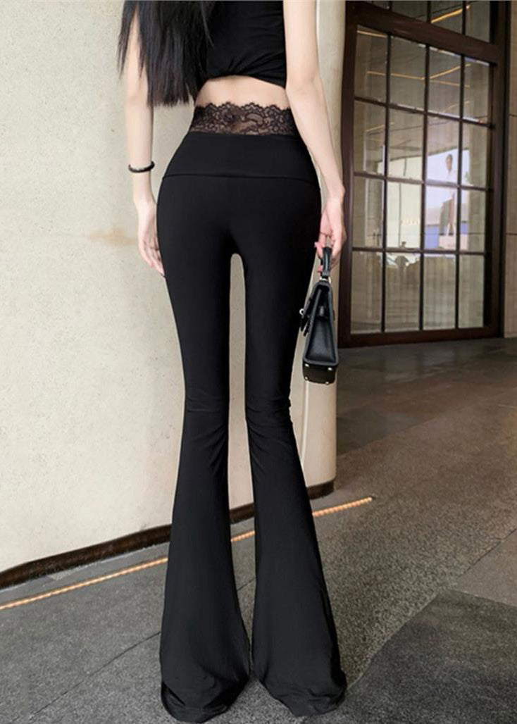 Women Black Mesh Panel Leggings Bell Bottom Leggings