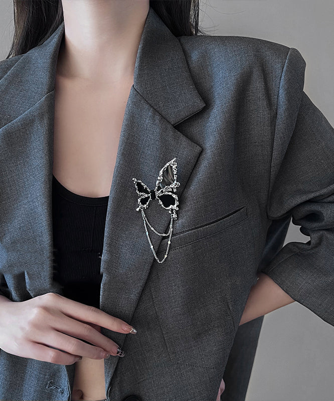 Women Black Metal Butterfly Tassel Brooches