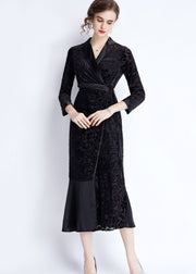 Women Black Notched Lace Up Jacquard Patchwork Silk Long Dresses Fall