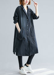 Women Black Notched Pockets Denim Trench Fall