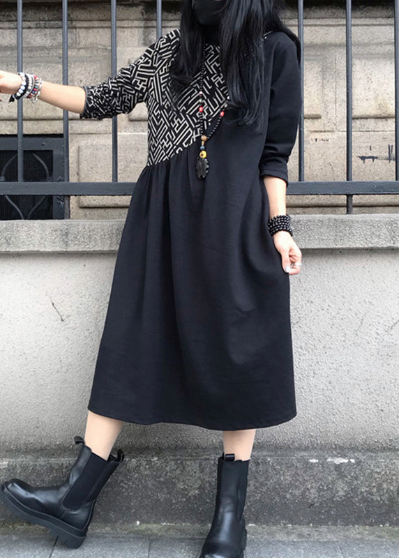 Women Black O-Neck Asymmetrical Patchwork Cotton Maxi Dress Long Sleeve