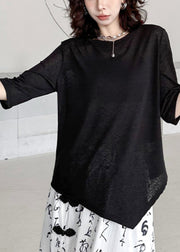 Women Black O-Neck Asymmetrical Patchwork Cotton T Shirt Half Sleeve