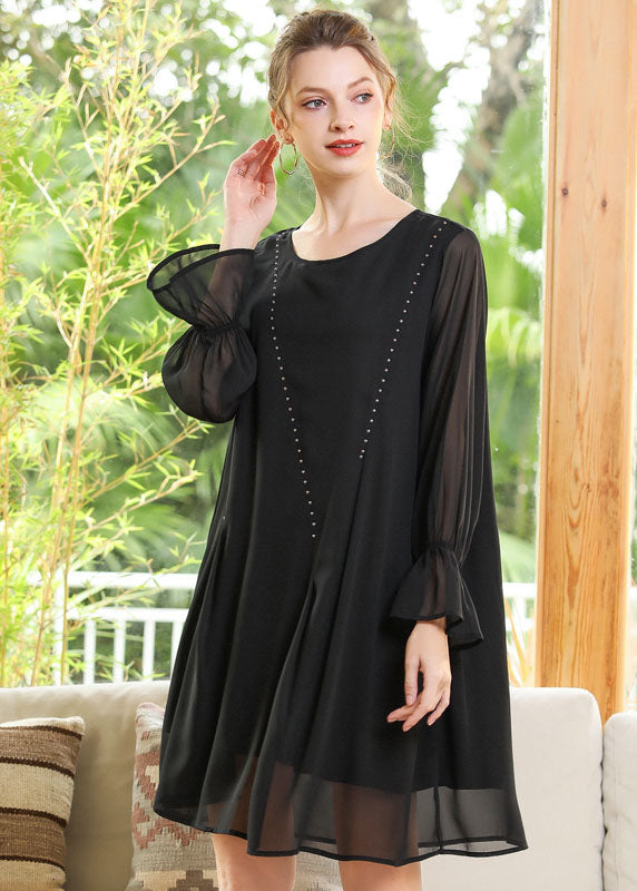 Women Black O-Neck Chiffon A Line Dress Lantern Sleeve