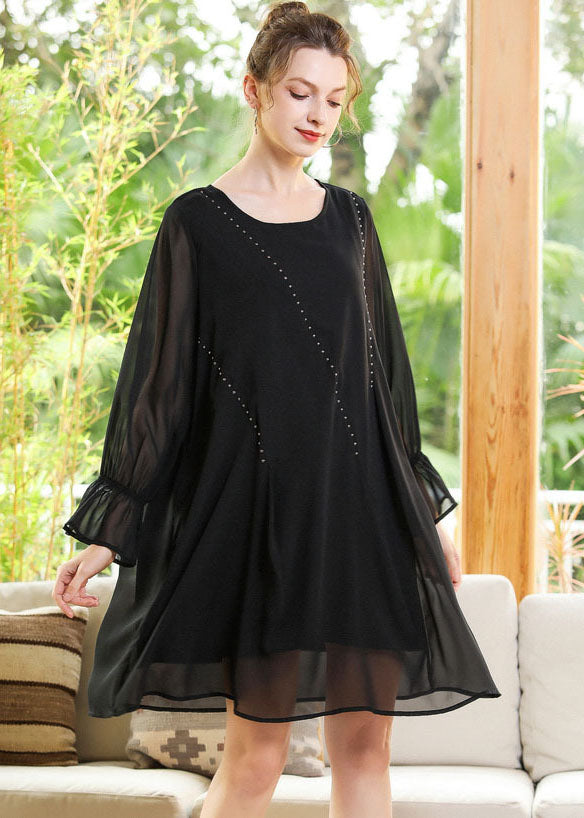 Women Black O-Neck Chiffon A Line Dress Lantern Sleeve