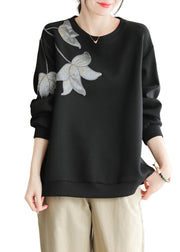 Women Black O Neck Embroidered Cotton Pullover Sweatshirt Fall