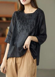 Women Black O Neck Embroideried Patchwork Linen T Shirt Summer