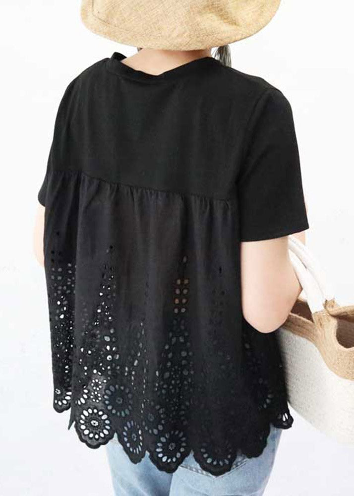 Women Black O-Neck Hollow Out Cotton T Shirt Short Sleeve