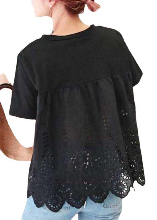 Women Black O-Neck Hollow Out Cotton T Shirt Short Sleeve