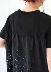 Women Black O-Neck Hollow Out Cotton T Shirt Short Sleeve