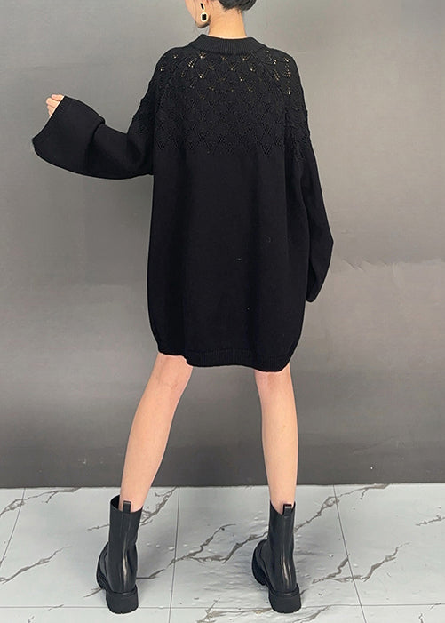 Women Black O Neck Hollow Out Knit Dress Fall