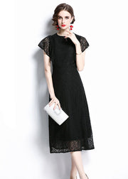 Women Black O Neck Hollow Out Patchwork Lace Dresses Batwing Sleeve