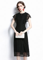 Women Black O Neck Hollow Out Patchwork Lace Dresses Batwing Sleeve