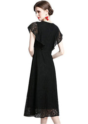 Women Black O Neck Hollow Out Patchwork Lace Dresses Batwing Sleeve