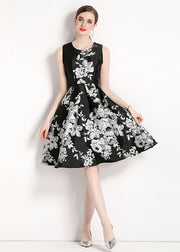 Women Black O Neck Jacquard Patchwork Chiffon Mid Dress Sleeveless