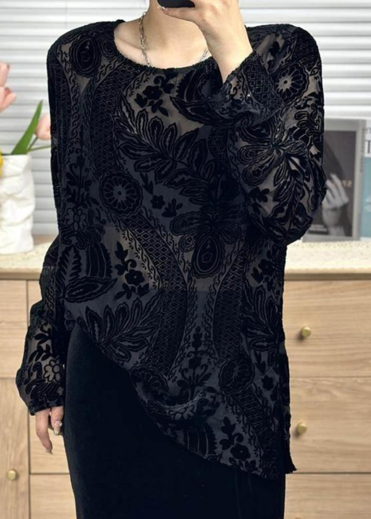 Women Black O Neck Jacquard Silk Velour Shirt Tops Spring