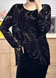 Women Black O Neck Jacquard Silk Velour Shirt Tops Fall