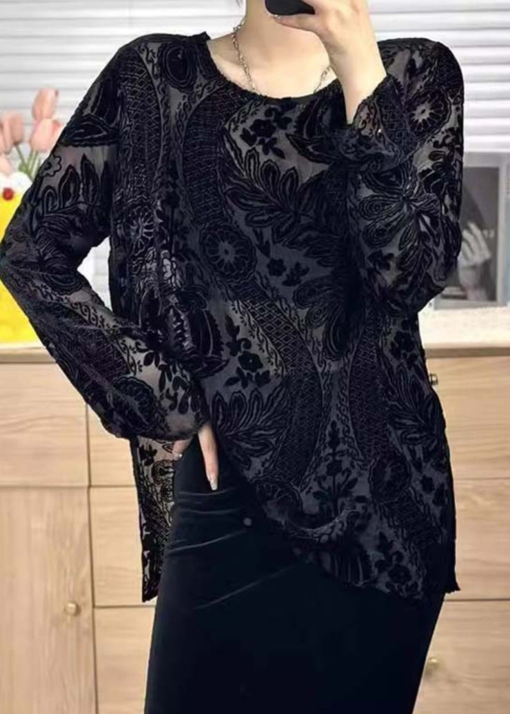 Women Black O Neck Jacquard Silk Velour Shirt Tops Spring