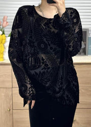 Women Black O Neck Jacquard Silk Velour Shirt Tops Spring