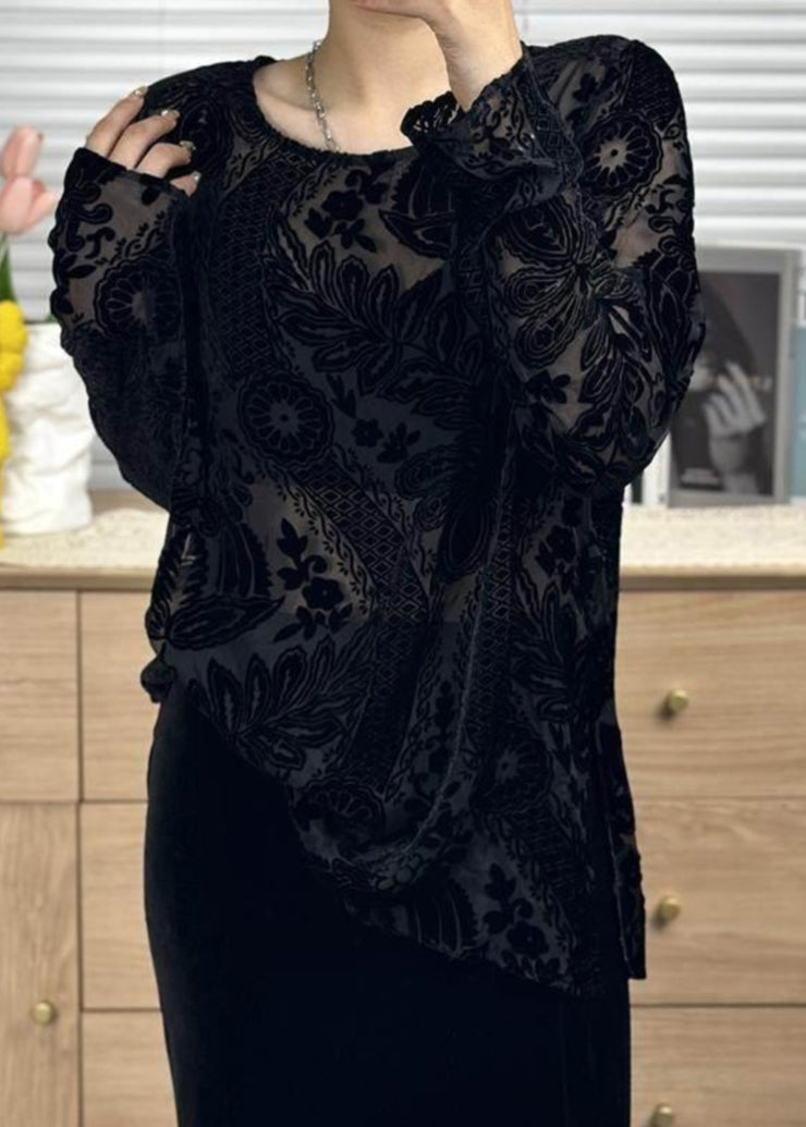 Women Black O Neck Jacquard Silk Velour Shirt Tops Spring