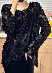 Women Black O Neck Jacquard Silk Velour Shirt Tops Fall