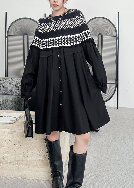 Women Black O Neck Knit Patchwork Cotton Dresses Fall