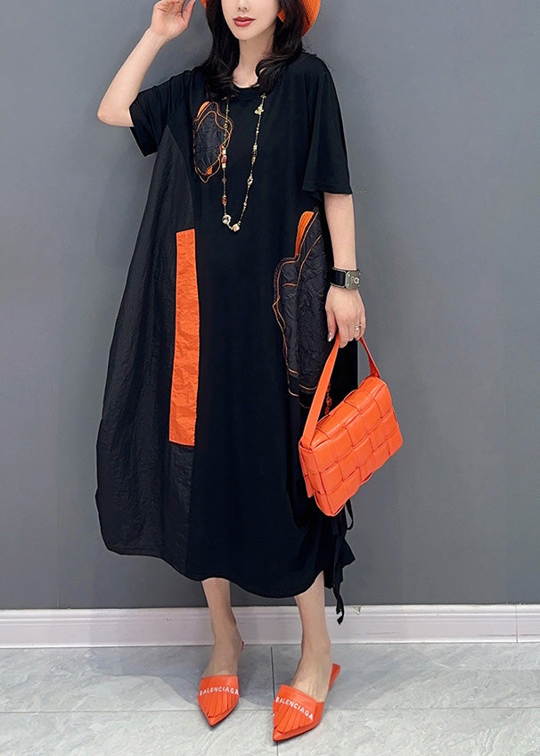 Women Black O-Neck Patchwork Drawstring Holiday Long Dress Short Sleeve