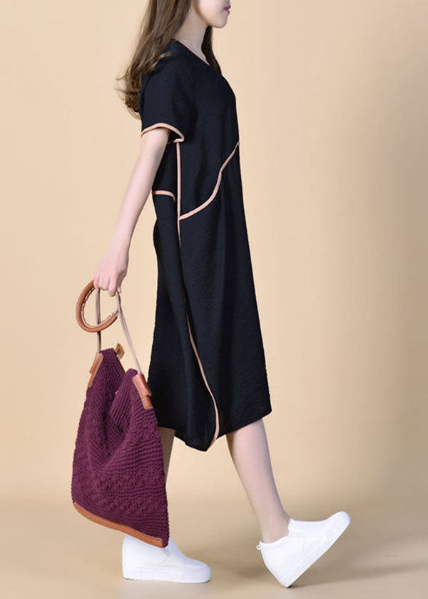 Women Black O Neck Patchwork Linen Dress Summer