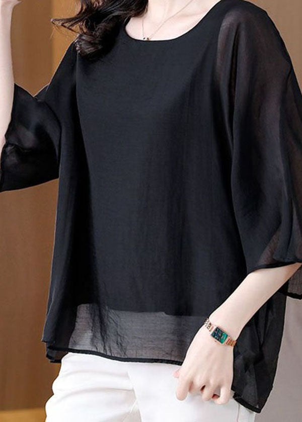 Women Black O Neck Patchwork Silk Tops Summer