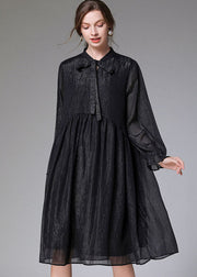 Women Black O-Neck Patchwork Wrinkled Chiffon Mid Dresses Long Sleeve