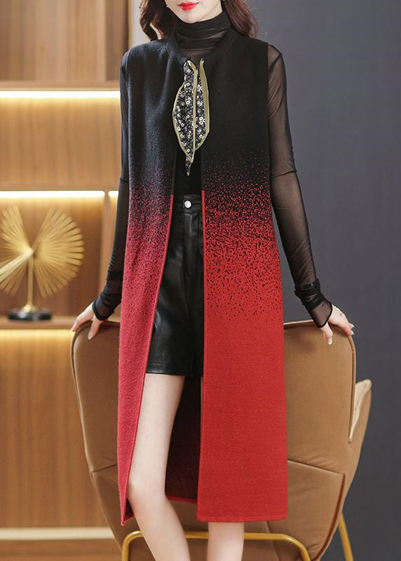 Women Black O Neck Pockets Lace Up Patchwork Woolen Long Waistcoat Sleeveless