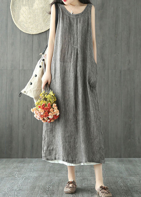 Women Black O Neck Pockets Linen Long Dresses Sleeveless