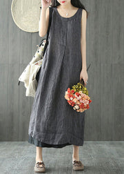 Women Black O Neck Pockets Linen Long Dresses Sleeveless