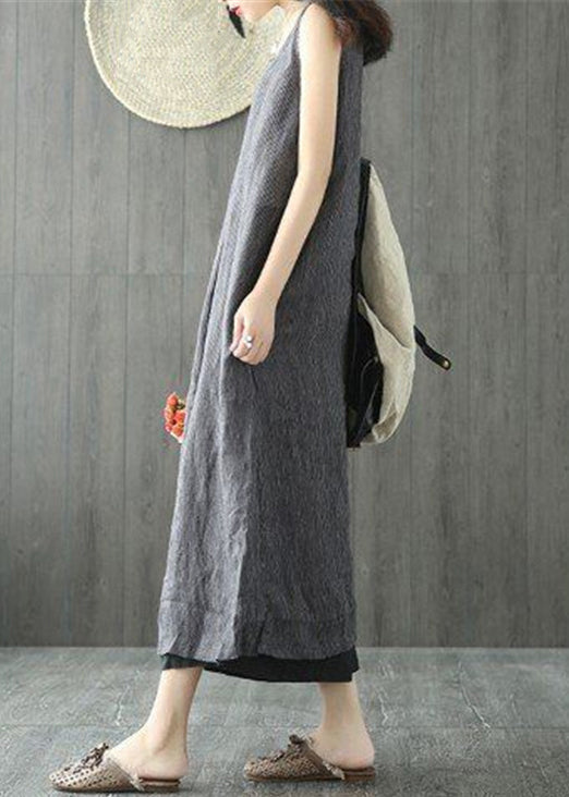 Women Black O Neck Pockets Linen Long Dresses Sleeveless