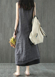 Women Black O Neck Pockets Linen Long Dresses Sleeveless