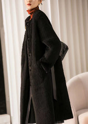 Women Black O Neck PocketsPatchwork Wool Coat Winter