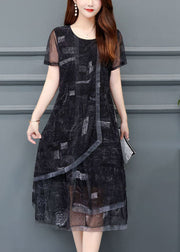 Women Black O-Neck Print Chiffon Holiday Dress Summer