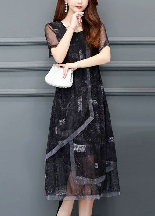 Women Black O-Neck Print Chiffon Holiday Dress Summer