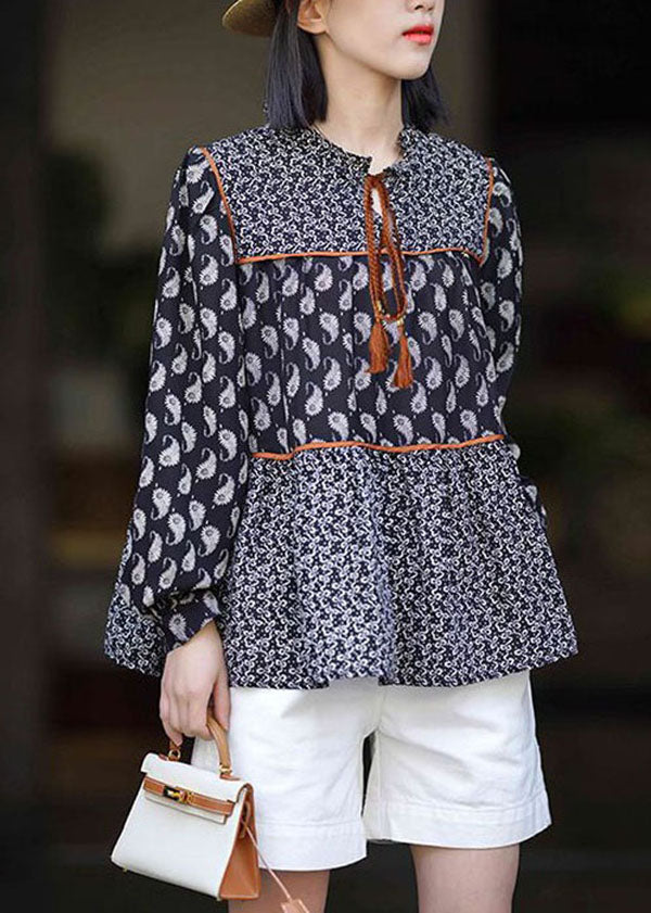 Women Black O Neck Print Patchwork Chiffon Blouses Spring