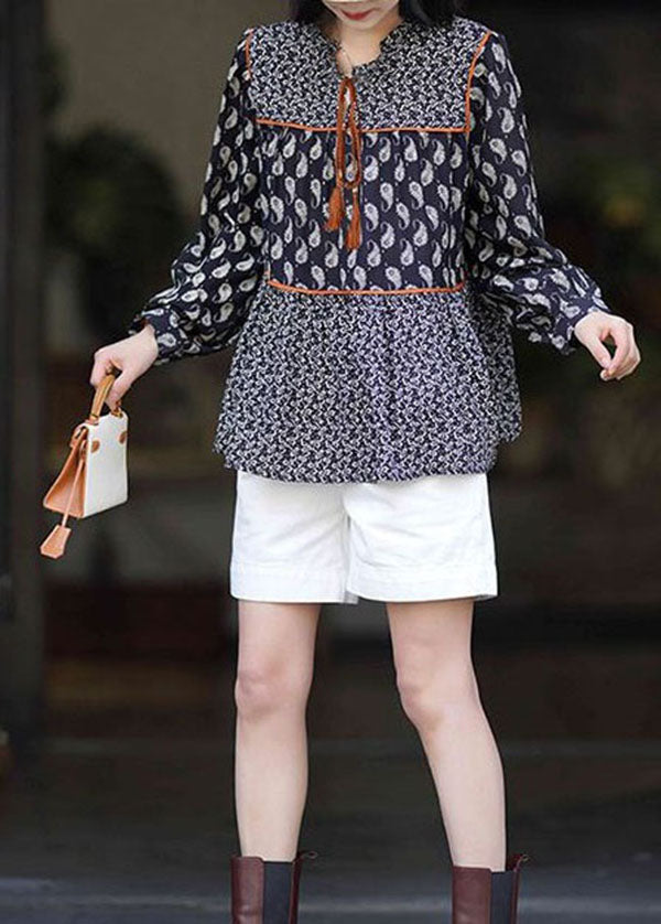 Women Black O Neck Print Patchwork Chiffon Blouses Spring