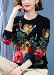 Women Black O Neck Print Wool Knit Sweater Long Sleeve