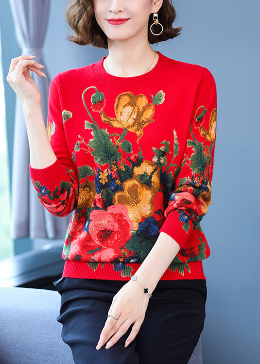 Women Black O Neck Print Wool Knit Sweater Long Sleeve